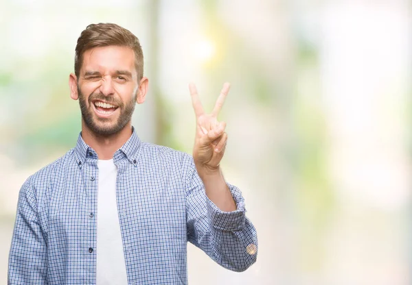 Jonge Knappe Man Dragen Witte Shirt Geïsoleerde Achtergrond Glimlachend Met — Stockfoto