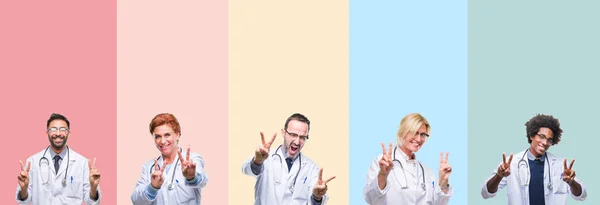 Colagem Médicos Profissionais Sobre Listras Coloridas Fundo Isolado Sorrindo Olhando — Fotografia de Stock