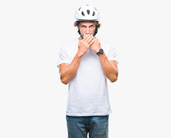 Handsome Hispanic Cyclist Man Wearing Safety Helmet Isolated Background Shocked — Stock Photo, Image