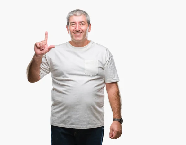 Hombre Mayor Guapo Sobre Fondo Aislado Mostrando Señalando Con Dedo —  Fotos de Stock