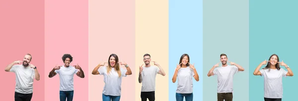 Collage Different Ethnics Young People Wearing White Shirt Colorful Isolated — Stock Photo, Image