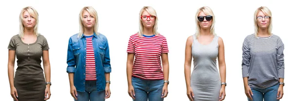 Colagem Bela Mulher Loira Usando Diferentes Olhares Sobre Fundo Isolado — Fotografia de Stock