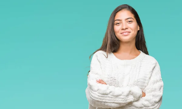 Junge Schöne Arabische Frau Winterpullover Über Isoliertem Hintergrund Glücklich Lächelnd — Stockfoto