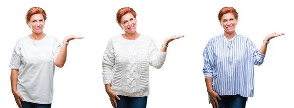 陽気な提示とカメラを見て手の手のひらで指している笑みを浮かべて白い分離背景に中年年配の女性のコラージュ — ストック写真