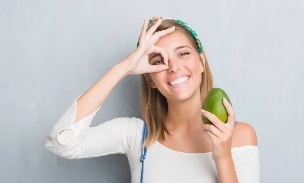 Beautiful Young Woman Grunge Grey Wall Holding Fresh Mango Happy — Stock Photo, Image