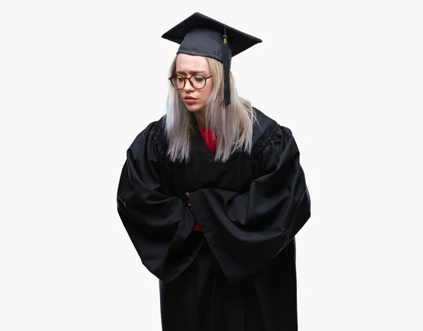 Mulher Loira Jovem Vestindo Uniforme Pós Graduação Sobre Fundo Isolado — Fotografia de Stock