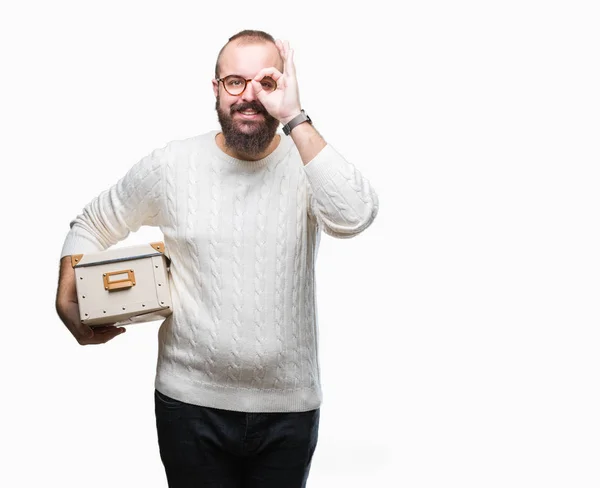 Young Hipster Man Wearing Glasses Moving Holding Moving Box Isolated — Stock Photo, Image