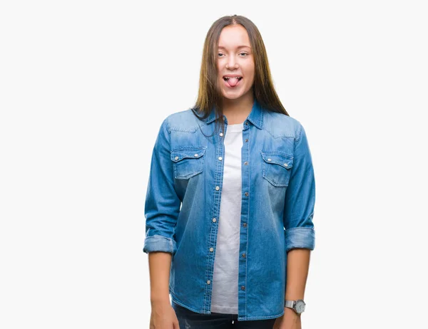 Joven Caucásico Hermosa Mujer Sobre Aislado Fondo Sticking Lengua Fuera — Foto de Stock