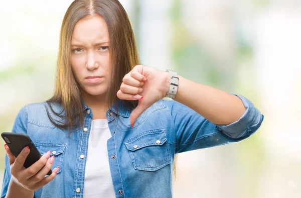 Genç Güzel Beyaz Kadın Manifatura Kızgın Yüzü Eksi Işareti Aşağı — Stok fotoğraf