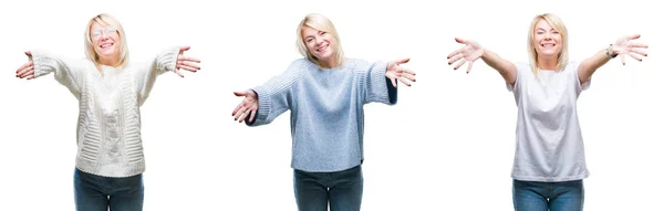 Collage Vacker Blond Kvinna Iförd Vinter Tröja Över Isolerade Bakgrunden — Stockfoto