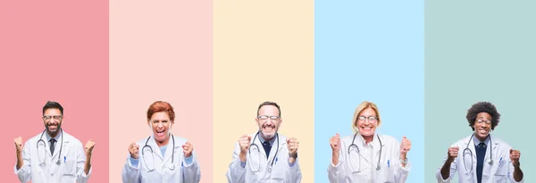 Collage Medici Professionisti Strisce Colorate Sfondo Isolato Eccitato Successo Con — Foto Stock