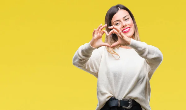 Jovem Bela Mulher Camisola Branca Casual Sobre Fundo Isolado Sorrindo — Fotografia de Stock