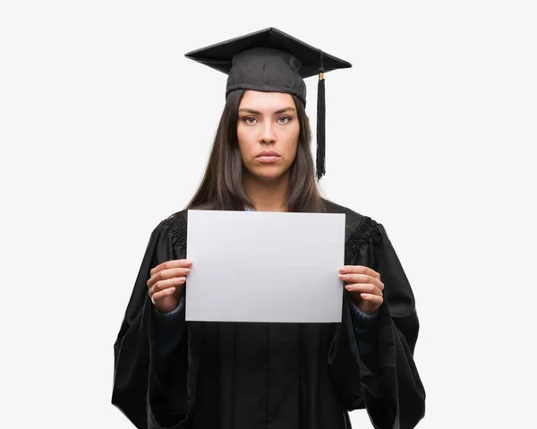 Young Hispanic Woman Wearing Graduated Uniform Holding Diploma Paper Confident — Stock Photo, Image