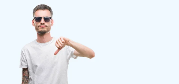 Young Tattooed Adult Man Wearing Sunglasses Angry Face Negative Sign — Stock Photo, Image