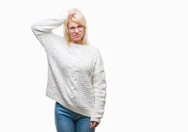 Unga Vackra Blonda Kvinnan Bär Vinter Tröja Och Glasögon Över — Stockfoto
