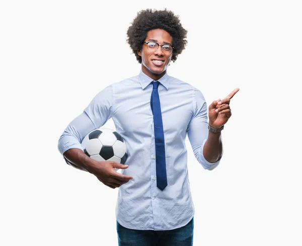 Afro Americano Gerente Hombre Celebración Fútbol Pelota Sobre Aislado Fondo —  Fotos de Stock