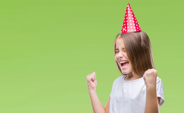 Fiatal Gyönyörű Lány Visel Születésnapján Kap Elszigetelt Háttér Nagyon Boldog — Stock Fotó