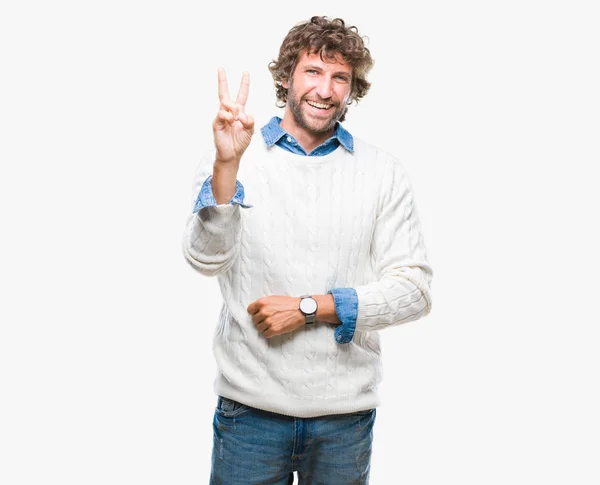 Bello Ispanico Uomo Modello Indossa Maglione Invernale Sfondo Isolato Sorridente — Foto Stock