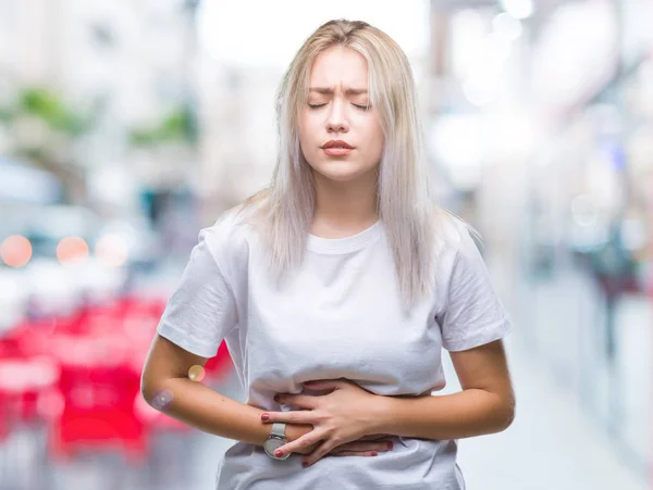 Mujer Rubia Joven Sobre Fondo Aislado Con Mano Estómago Porque — Foto de Stock