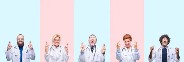 Collage Profesionales Del Grupo Médicos Con Uniforme Médico Sobre Fondo — Foto de Stock