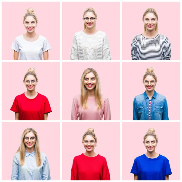 Collage Unga Vackra Blonda Kvinnan Över Rosa Isolerade Bakgrund Med — Stockfoto