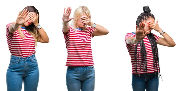 Collage Mujeres Jóvenes Que Usan Camisetas Rayas Sobre Fondo Aislado — Foto de Stock