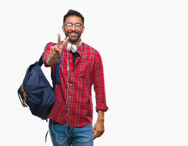 Hombre Estudiante Hispano Adulto Con Auriculares Mochila Sobre Fondo Aislado —  Fotos de Stock