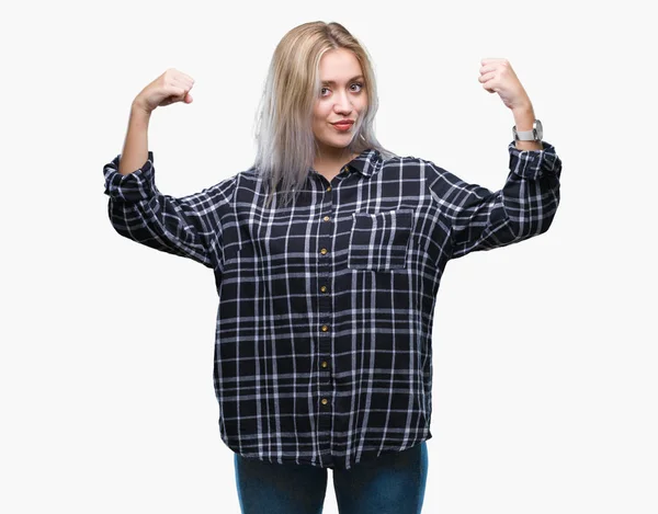 Young Blonde Woman Isolated Background Showing Arms Muscles Smiling Proud — Stock Photo, Image