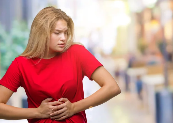 Young Caucasian Woman Isolated Background Hand Stomach Because Nausea Painful — Stock Photo, Image