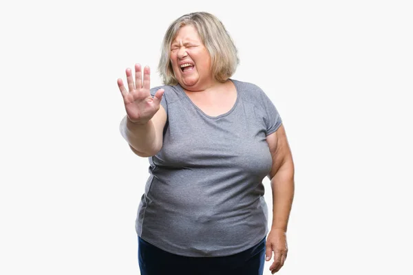 Senior Size Kaukasische Frau Über Isolierten Hintergrund Angewiderte Miene Ungehalten — Stockfoto