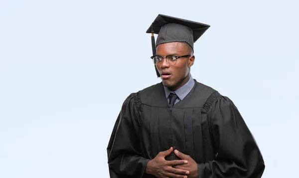 Young Graduated African American Man Isolated Background Hand Stomach Because — Stock Photo, Image