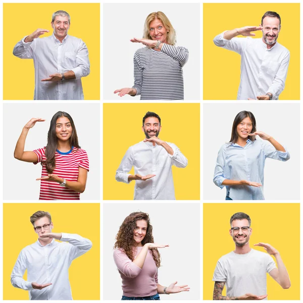 Collage Grupo Jóvenes Personas Mayores Sobre Fondo Aislado Amarillo Gestos — Foto de Stock