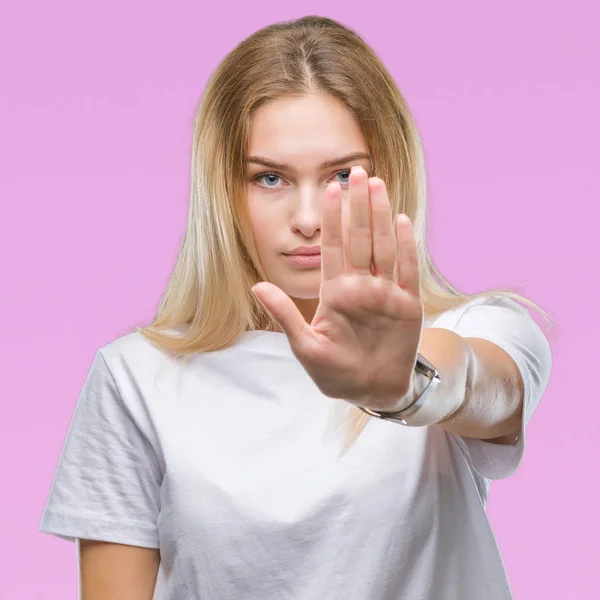 Jonge Kaukasische Vrouw Geïsoleerde Achtergrond Stop Doen Zingen Met Palm — Stockfoto