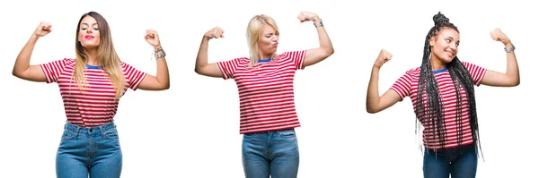 Collage Van Jonge Vrouwen Dragen Strepen Shirt Geïsoleerde Achtergrond Armen — Stockfoto