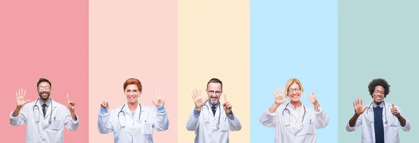 Koláž Profesionálních Lékařů Nad Barevné Pruhy Izolované Pozadí Zobrazení Směřující — Stock fotografie