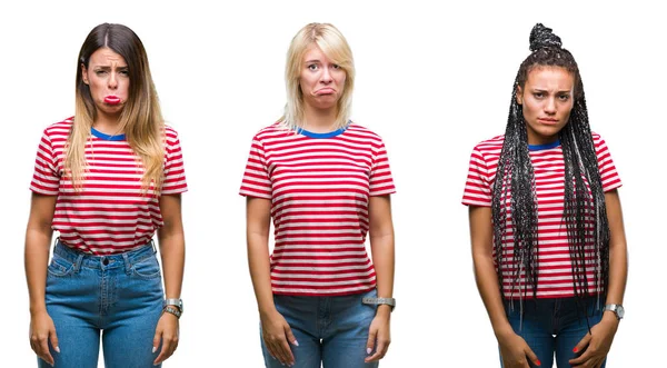 Collage Van Jonge Vrouwen Dragen Strepen Shirt Geïsoleerde Achtergrond Depressief — Stockfoto