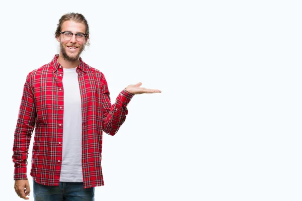 Young Handsome Man Long Hair Wearing Glasses Isolated Background Smiling — Stock Photo, Image