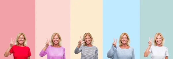 Collage Van Middelbare Leeftijd Senior Mooie Vrouw Kleurrijke Strepen Geïsoleerde — Stockfoto