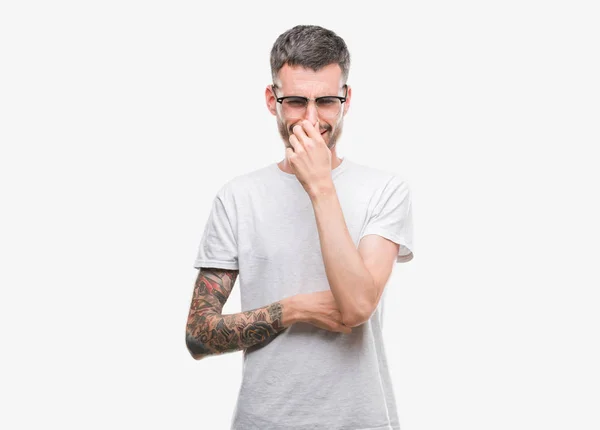Young Tattooed Adult Man Smelling Something Stinky Disgusting Intolerable Smell — Stock Photo, Image