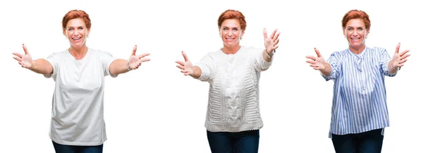 Collage Mujer Mayor Mediana Edad Sobre Fondo Blanco Aislado Mirando —  Fotos de Stock