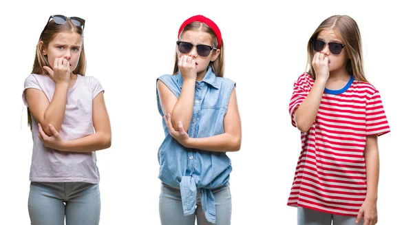 Collage Ung Liten Flicka Unge Bär Solglasögon Över Isolerade Bakgrund — Stockfoto