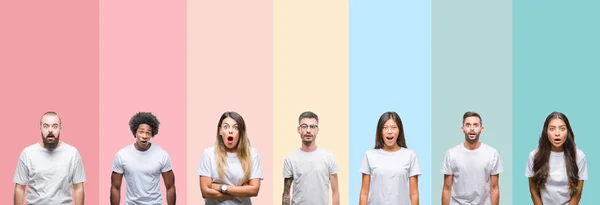 Collage Van Verschillende Etniciteit Jongeren Dragen Witte Shirt Kleurrijke Achtergrond — Stockfoto