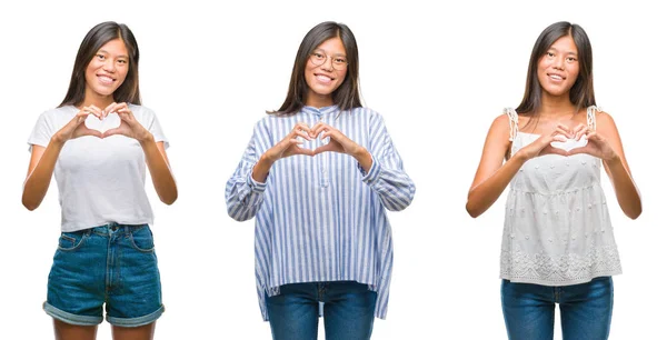 亚洲年轻女子拼贴画站在白色孤立的背景上 微笑着 用手展示着心的符号和形状 浪漫理念 — 图库照片