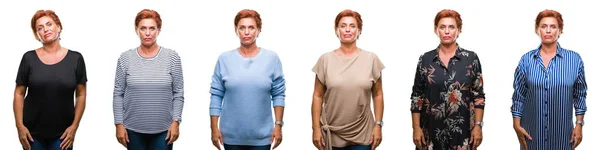 Collage Einer Seniorin Mittleren Alters Vor Weißem Hintergrund Mit Ernstem — Stockfoto