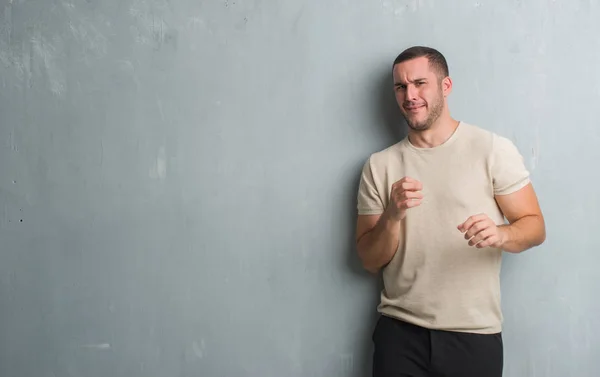 Young Caucasian Man Grey Grunge Wall Disgusted Expression Displeased Fearful — Stock Photo, Image