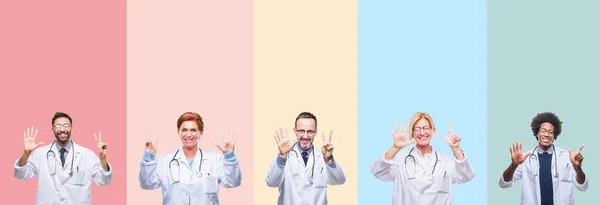 Collage Medici Professionisti Strisce Colorate Sfondo Isolato Mostrando Indicando Con — Foto Stock