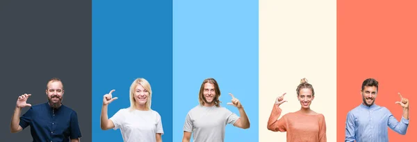 Collage Van Casual Jongeren Kleurrijke Strepen Geïsoleerd Achtergrond Glimlachend Vertrouwen — Stockfoto