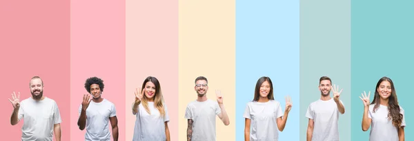 Collage Diverse Etnie Giovani Che Indossano Shirt Bianca Sfondo Colorato — Foto Stock