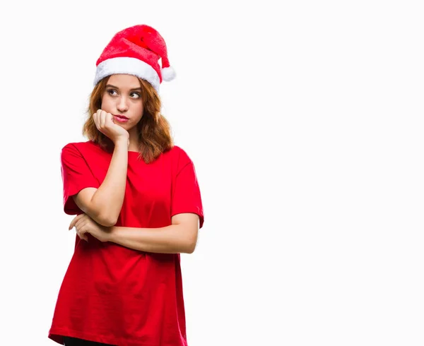 Joven Hermosa Mujer Sobre Fondo Aislado Usando Sombrero Navidad Pensando —  Fotos de Stock