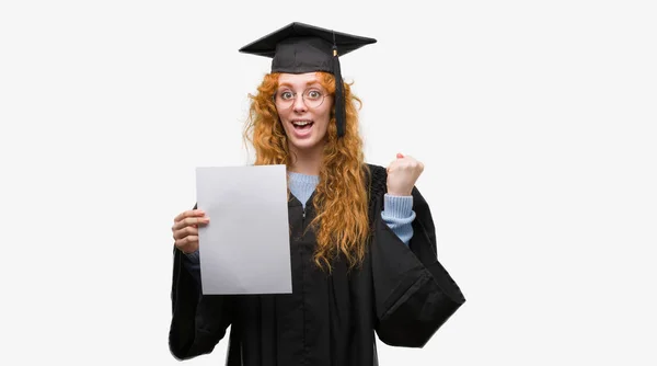 Young Redhead Woman Wearing Graduate Uniform Holding Degree Screaming Proud — Stock Photo, Image